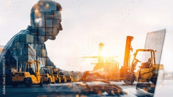 Fototapeta Manager Working on PC with Forklifts and Cargo Vessel Background