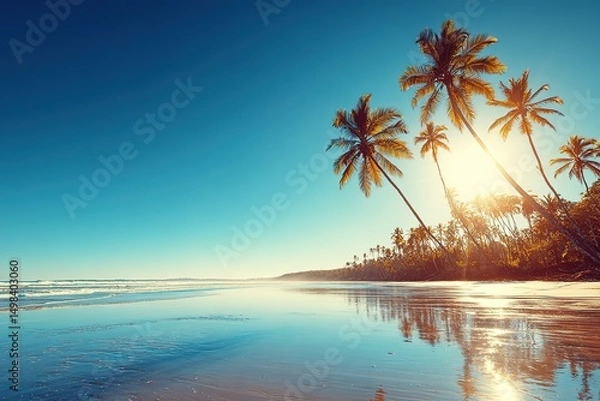 Fototapeta Tropical Beach Sunrise With Palm Trees