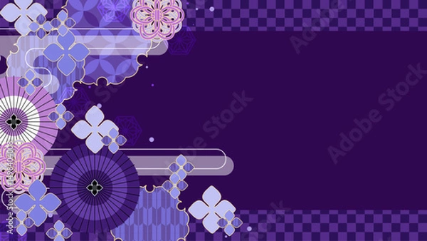 Obraz アジサイと傘のレトロ風な和柄背景、16:9