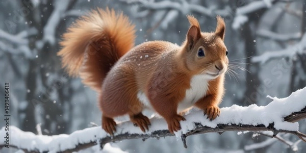Obraz Fluffy red squirrel leaps through snowy branches, winter wonderland, adorable, focus, photography