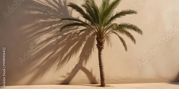 Obraz Deep shadow of a palm tree on a sunlit wall, textured effect, palm,  vibrant,  shadow