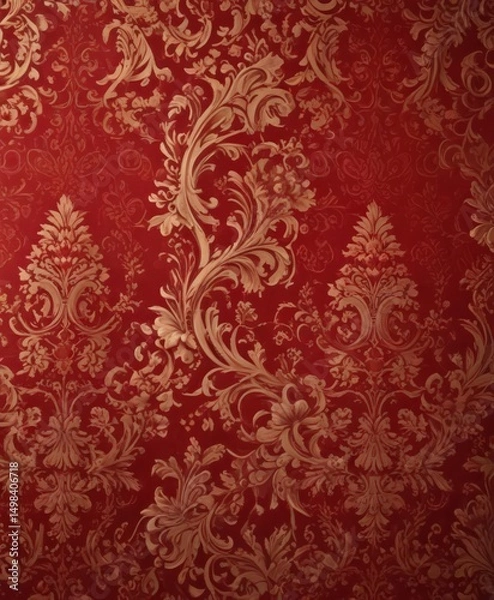 Obraz Rich crimson damask, lavish swirling pattern details, classic, home decor, graphics
