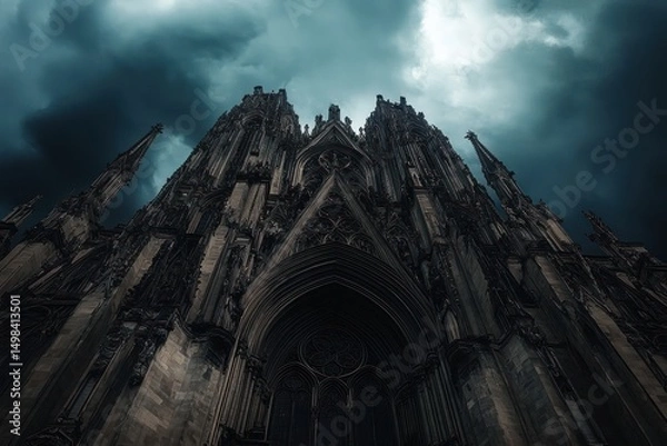 Fototapeta Dark, towering gothic cathedral with intricate stone carvings and pointed spires against a stormy, ominous sky conveying a dramatic and eerie atmosphere