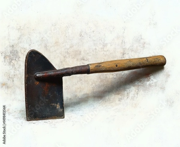 Fototapeta Old rusted garden hoe with wooden handle resting on a white textured surface