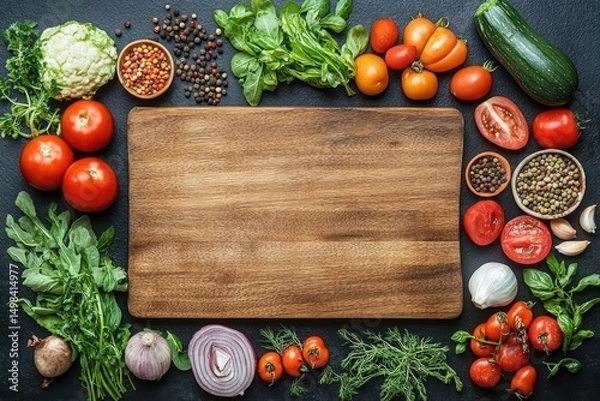Fototapeta Fresh colorful vegetables and herbs arranged around an empty wooden cutting board on dark surface