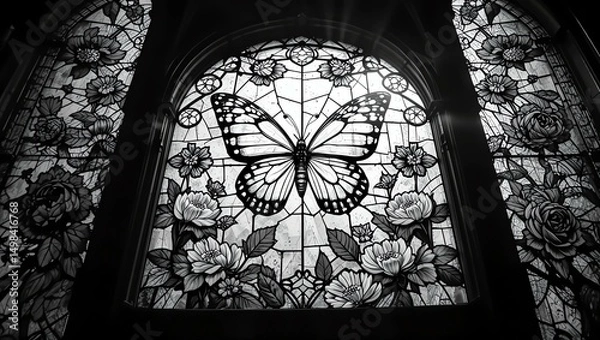 Obraz A stunning black and white stained glass window featuring a butterfly surrounded by beautiful flowers.