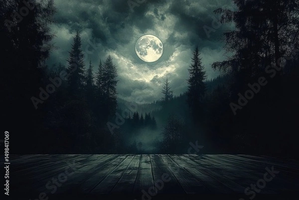 Fototapeta mystical full moon shining through cloudy night sky above dark pine forest with wooden platform in foreground evoking mysterious and eerie atmosphere