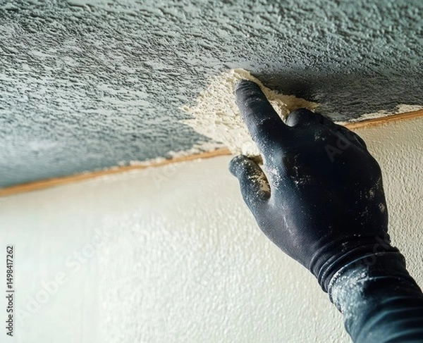 Fototapeta Close-up of a hand wearing a black glove applying plaster to a textured ceiling for repair or finishing work