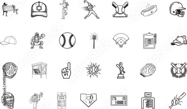 Fototapeta Baseball Vector ICONS ( Symbols ) in Black Outline Style | Baseball Icons, Sports App, Fan Website, Team Logo, Uniform Design, Training Manual, Poster Template, Game Invite