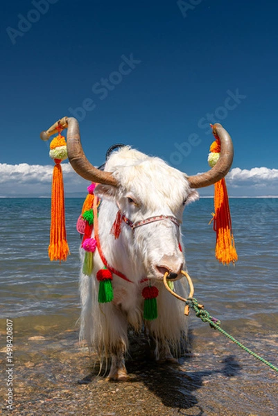 Obraz White Yak beside Qinghai Lake, the biggest lake of China
