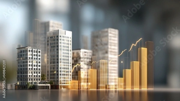 Fototapeta Rising Bar Graphs Over Modern Buildings Representing Real Estate Growth