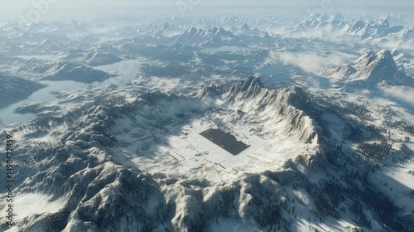 Fototapeta Aerial View of a Frozen Lake Nestled in a Snowy Mountain Range