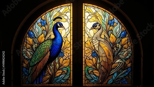 Obraz Stunning stained glass window featuring vibrant peacocks amidst floral designs, showcasing artistic craftsmanship.