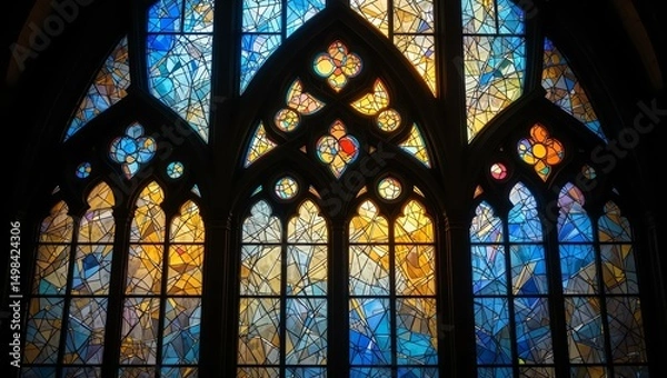Fototapeta Stunning stained glass window reflecting colorful light in a historic building, showcasing intricate designs.