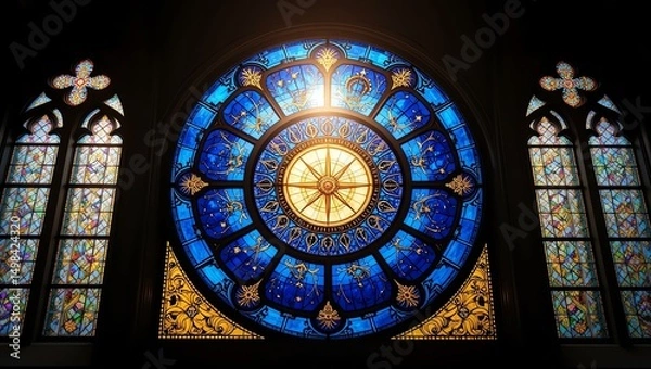 Fototapeta Stunning stained glass window with intricate designs, showcasing vibrant blue hues and detailed patterns.
