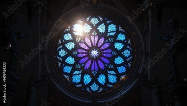 Fototapeta Stunning stained glass window with intricate floral design, casting colorful light into the sacred space.