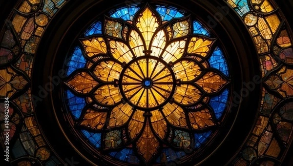 Obraz Stunning stained glass window with intricate floral design, vibrant hues capturing light beautifully.