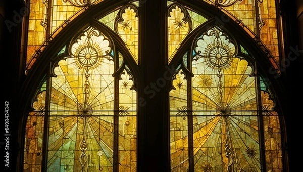 Fototapeta Stunning stained glass window with intricate patterns and vibrant colors illuminating the interior space.