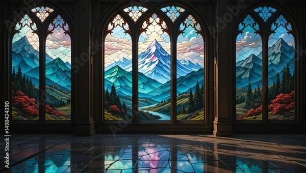 Obraz Stunning stained glass windows depicting serene mountain landscapes reflecting beauty and tranquility.