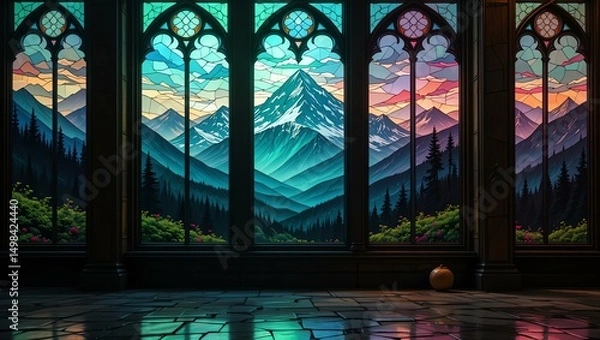 Fototapeta Stunning stained glass windows displaying majestic mountains and colorful skies in an architectural masterpiece.