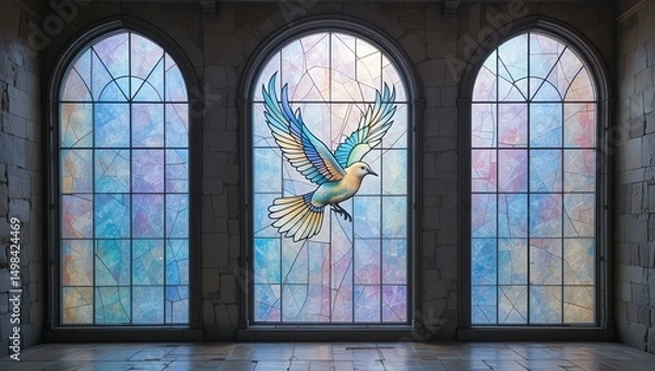 Fototapeta Stunning stained glass windows featuring a colorful bird, creating an atmosphere of tranquility and beauty.