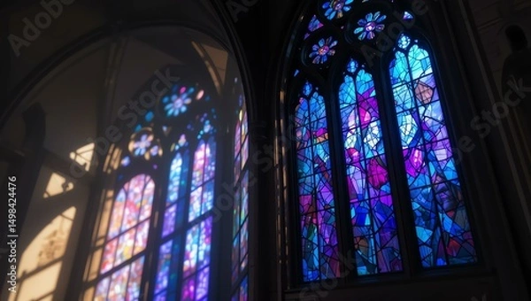 Fototapeta Stunning stained glass windows featuring vibrant colors and intricate designs, illuminating a sacred space beautifully.