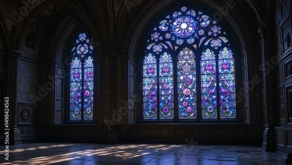 Fototapeta Stunning stained glass windows illuminating a historic building interior with intricate designs and vibrant colors.