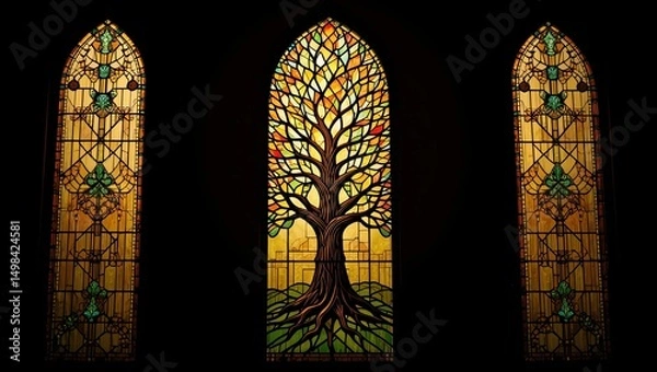 Fototapeta Stunning stained glass windows showcasing a majestic tree, symbolizing life and growth in a serene environment.