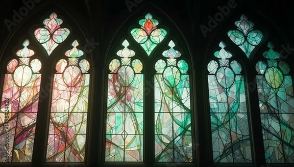 Fototapeta Stunning stained glass windows showcasing intricate designs and vibrant colors, illuminating a historic space beautifully.
