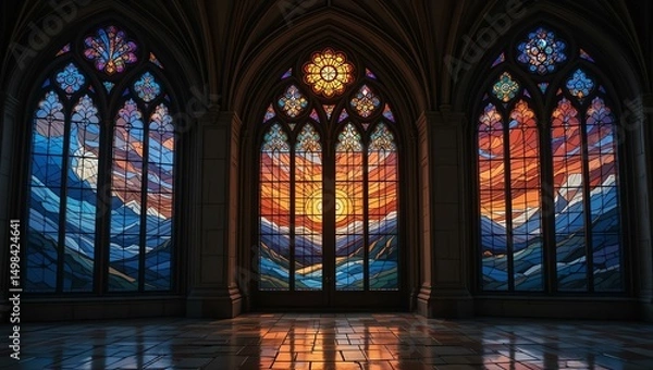 Fototapeta Stunning stained glass windows showcasing vibrant colors and intricate designs, illuminating the architectural space.