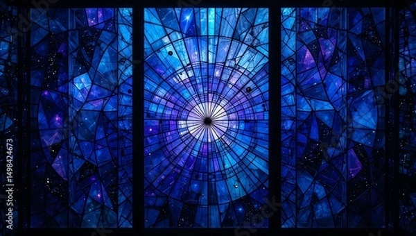 Obraz Vibrant blue stained glass window design showcasing intricate geometric patterns and a mesmerizing focal point.