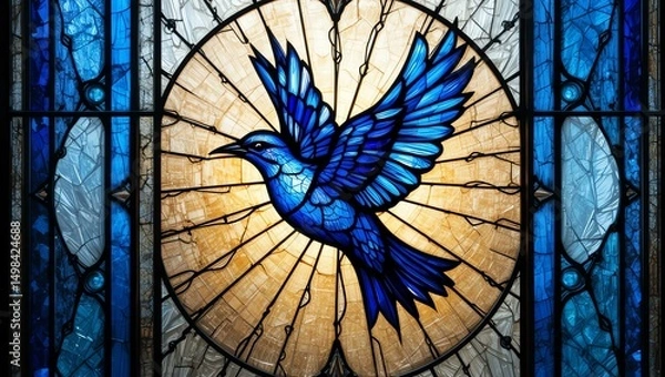 Obraz Vibrant blue stained glass window depicting a bird in flight, capturing the beauty of art and spirituality.