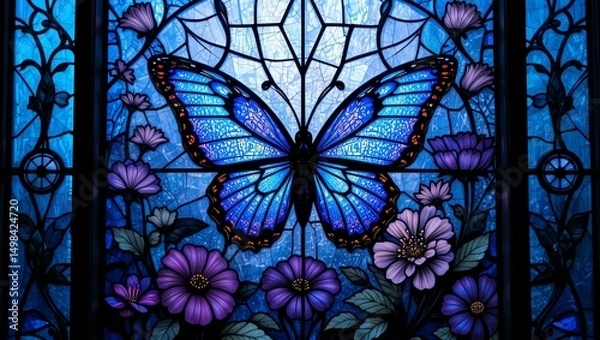 Obraz Vibrant stained glass artwork depicting a butterfly surrounded by beautiful flowers, showcasing artistry and nature.