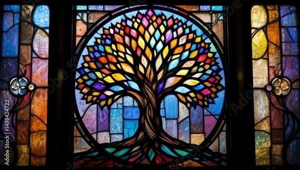 Fototapeta Vibrant stained glass artwork depicting a colorful tree, symbolizing life and growth through artistic expression.