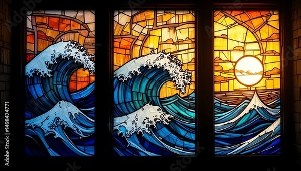 Fototapeta Vibrant stained glass artwork depicting ocean waves and a sunset, showcasing artistic craftsmanship and serenity.