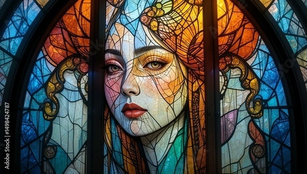 Obraz Vibrant stained glass artwork depicting a woman's face, showcasing intricate details and vivid colors.