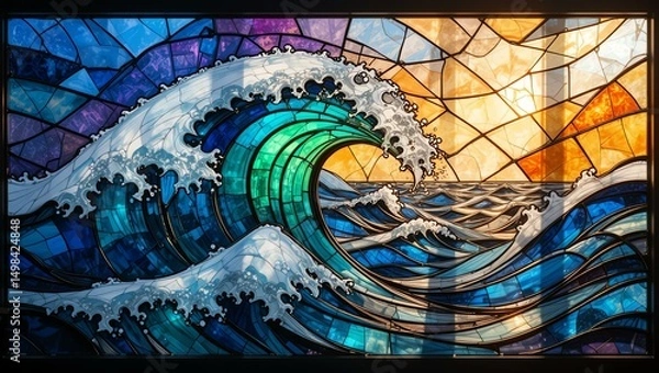 Obraz Vibrant stained glass artwork depicting powerful ocean waves under a beautiful sky, blending art with nature's beauty.