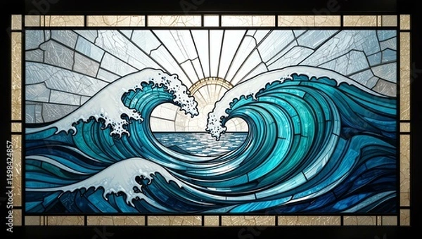 Obraz Vibrant stained glass artwork depicting powerful ocean waves under a radiant sun, showcasing artistic craftsmanship.