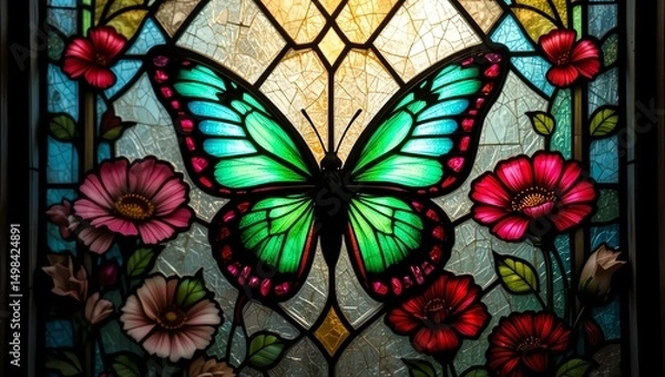 Obraz Vibrant stained glass artwork featuring a butterfly surrounded by colorful flowers, symbolizing beauty and nature.