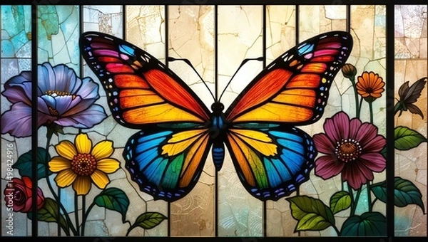 Obraz Vibrant stained glass artwork featuring a colorful butterfly and blooming flowers, enhancing any artistic space.