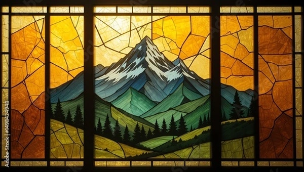 Obraz Vibrant stained glass artwork featuring a majestic mountain landscape in warm tones.