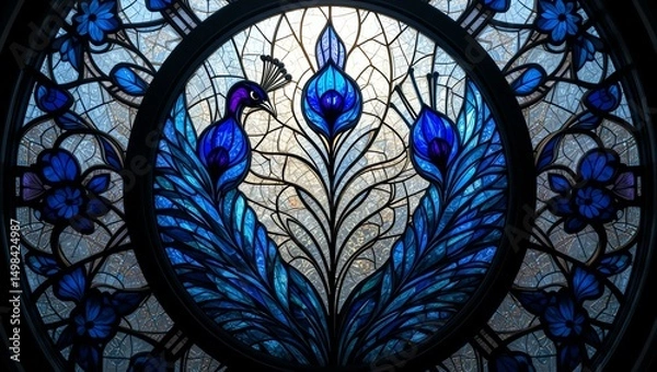 Obraz Vibrant stained glass artwork featuring a peacock and blue floral designs, creating a stunning visual experience.