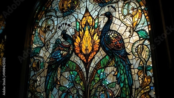 Obraz Vibrant stained glass artwork featuring peacocks and floral designs, representing beauty and craftsmanship.