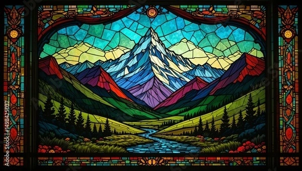 Obraz Vibrant stained glass artwork showcasing majestic mountains, valleys, and a flowing river in stunning colors.