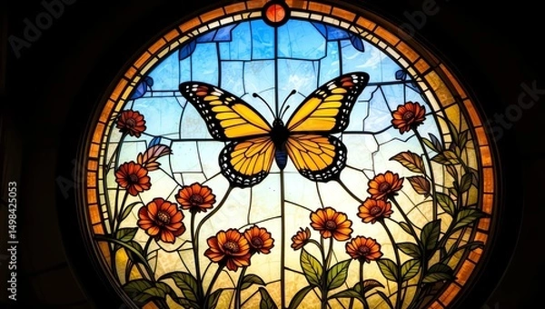 Obraz Vibrant stained glass depicting a butterfly surrounded by colorful flowers in intricate detail.