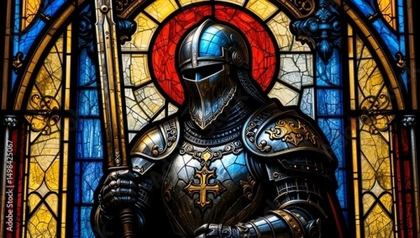 Fototapeta Vibrant stained glass depicting a knight in armor, symbolizing valor and faith in a historic setting.
