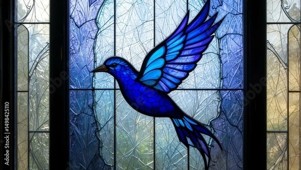 Fototapeta Vibrant stained glass featuring a blue bird in flight, symbolizing freedom and beauty in art and design.