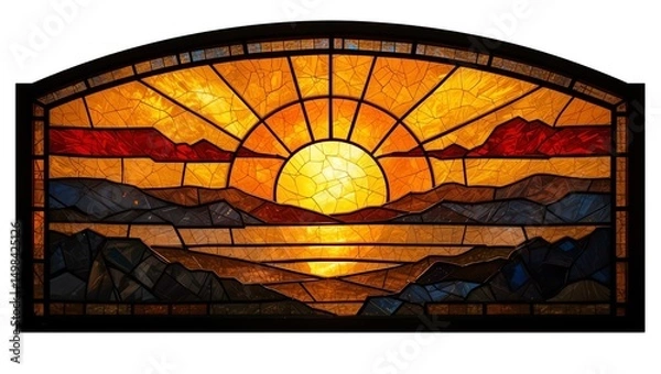 Obraz Vibrant stained glass featuring a sunrise over mountains, showcasing intricate design and warm colors.
