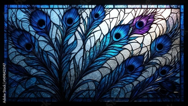 Obraz Vibrant stained glass featuring intricate peacock feather designs with shades of blue and purple.