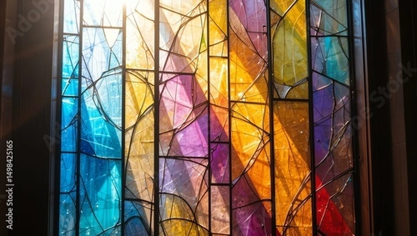 Fototapeta Vibrant stained glass window casting colorful light patterns in an architectural setting.